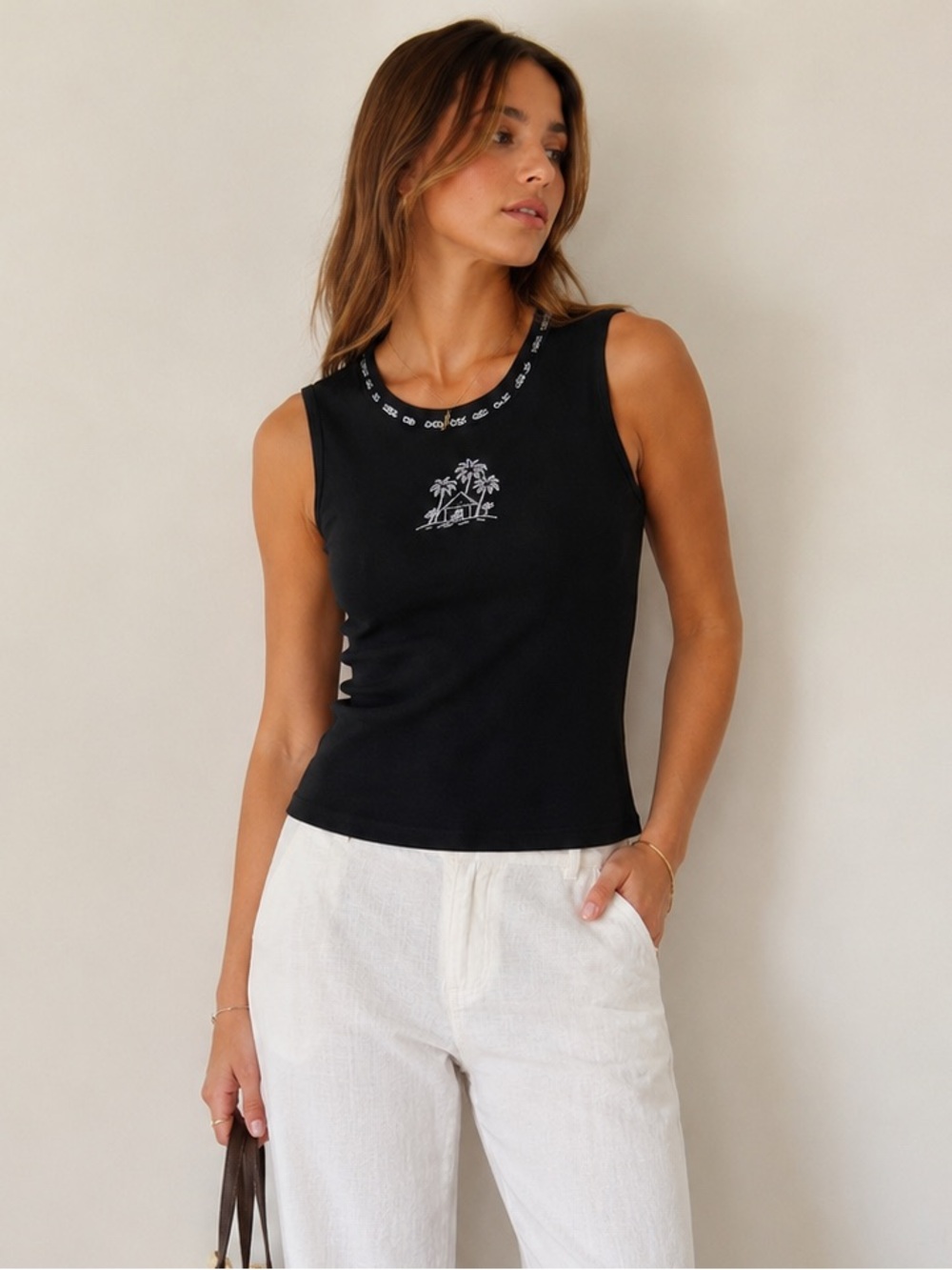 Koret Petite Embroidered Palm Tree Embellished Sleeveless Top Size Small